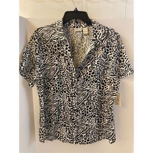 Kim Rogers Career Shirt 100% linen top Xl Wild Patch new Black White